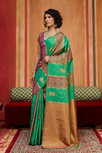 multi colour handloom art silk contemporary saree with weaving work