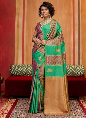 green & purple handloom silk blend saree with zari weaving 2