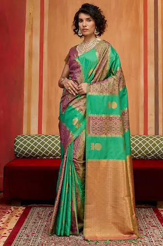 green & purple handloom silk blend saree with zari weaving