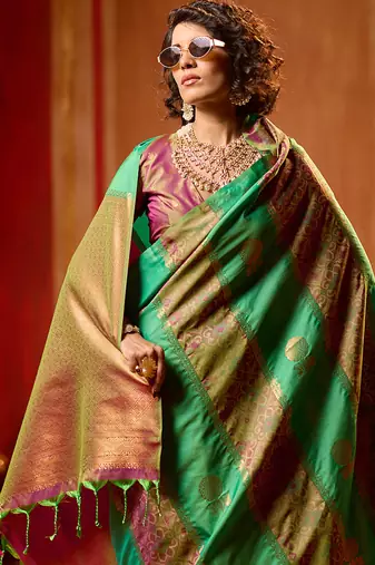green & purple handloom silk blend saree with zari weaving