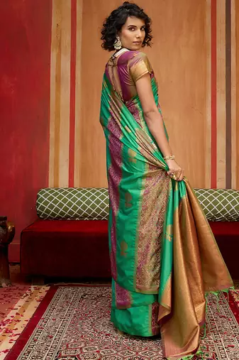 green & purple handloom silk blend saree with zari weaving