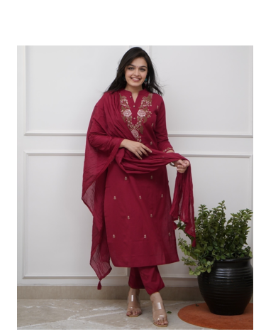 maroon rayon  embroidered straight kurta pant and dupatta set 1