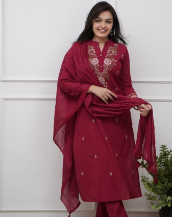 maroon rayon  embroidered straight kurta pant and dupatta set