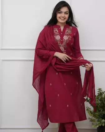 maroon rayon  embroidered straight kurta pant and dupatta set