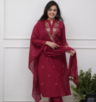 maroon rayon  embroidered straight kurta pant and dupatta set