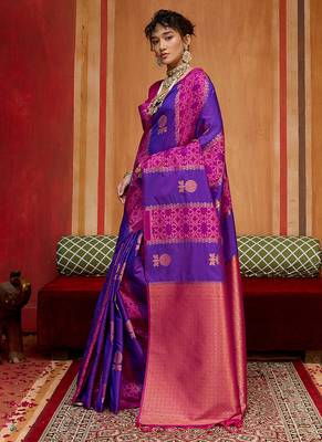 violet & magenta handloom silk blend saree with zari weaving 2