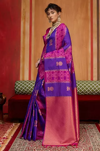 violet & magenta handloom silk blend saree with zari weaving