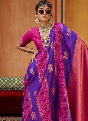 violet & magenta handloom silk blend saree with zari weaving 3