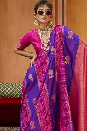 violet & magenta handloom silk blend saree with zari weaving
