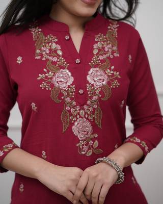 maroon rayon  embroidered straight kurta pant and dupatta set 2