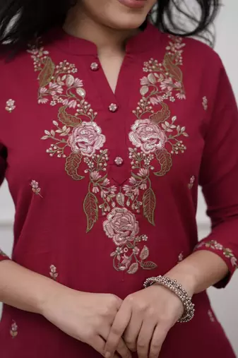 maroon rayon  embroidered straight kurta pant and dupatta set