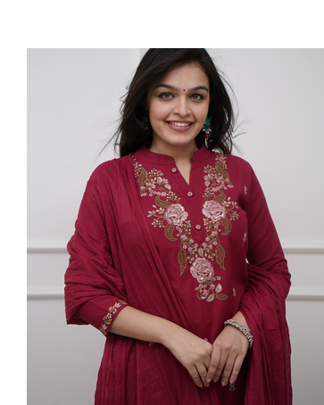 maroon rayon  embroidered straight kurta pant and dupatta set 3
