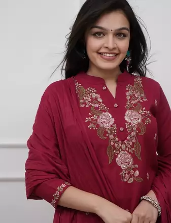maroon rayon  embroidered straight kurta pant and dupatta set