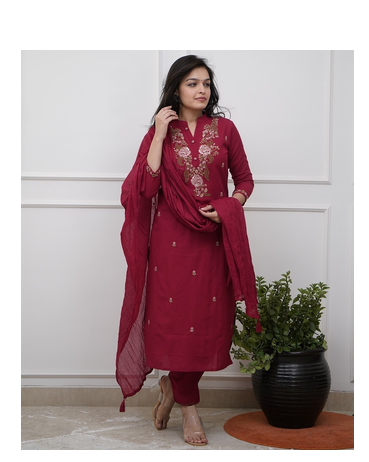 maroon rayon  embroidered straight kurta pant and dupatta set 4