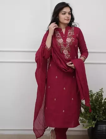 maroon rayon  embroidered straight kurta pant and dupatta set