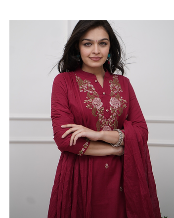 maroon rayon  embroidered straight kurta pant and dupatta set 5