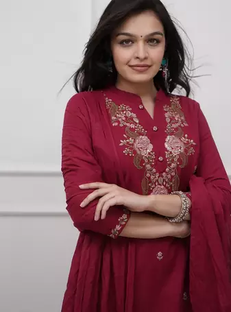 maroon rayon  embroidered straight kurta pant and dupatta set