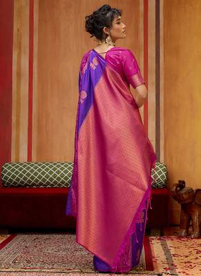 violet & magenta handloom silk blend saree with zari weaving 4