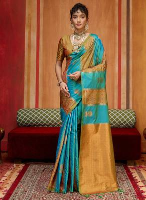 aqua blue & gold handloom silk blend saree with zari weaving 1
