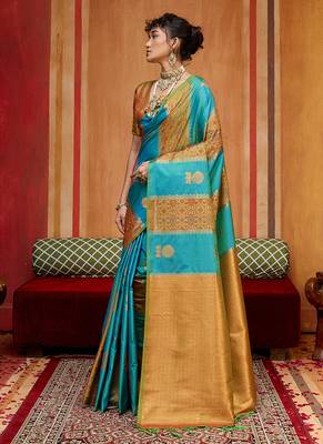 aqua blue & gold handloom silk blend saree with zari weaving 2