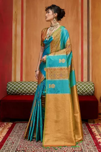 aqua blue & gold handloom silk blend saree with zari weaving