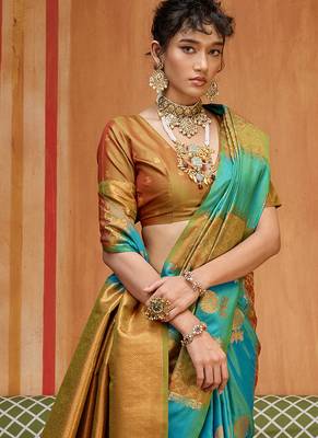 aqua blue & gold handloom silk blend saree with zari weaving 3