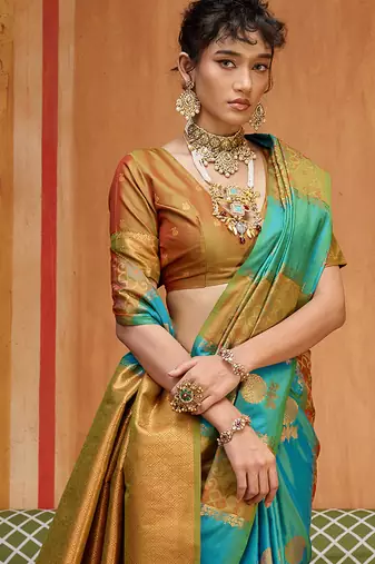 aqua blue & gold handloom silk blend saree with zari weaving