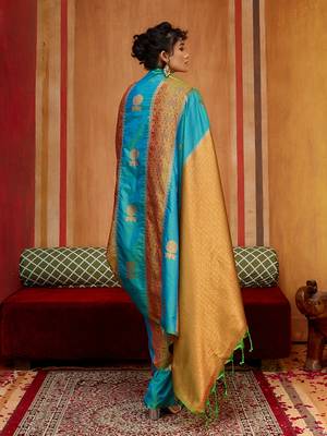 aqua blue & gold handloom silk blend saree with zari weaving 4