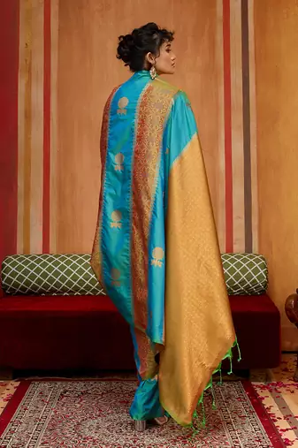 aqua blue & gold handloom silk blend saree with zari weaving