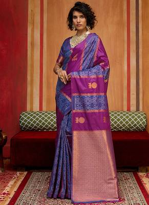 purple & navy blue handloom silk blend saree with zari weaving 1
