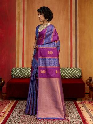 purple & navy blue handloom silk blend saree with zari weaving 2