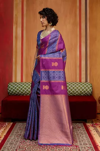 purple & navy blue handloom silk blend saree with zari weaving