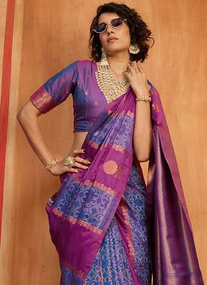purple & navy blue handloom silk blend saree with zari weaving 3