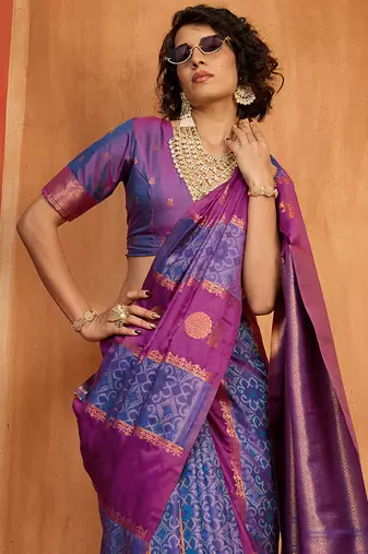 purple & navy blue handloom silk blend saree with zari weaving