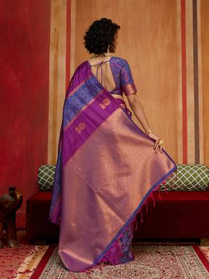 purple & navy blue handloom silk blend saree with zari weaving 4