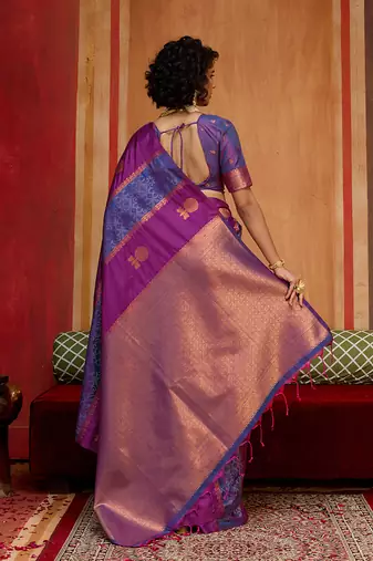 purple & navy blue handloom silk blend saree with zari weaving