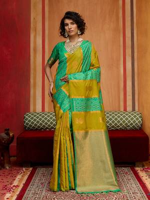 mustard & sea green handloom silk blend saree with zari weaving 1