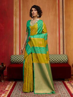 mustard & sea green handloom silk blend saree with zari weaving 2