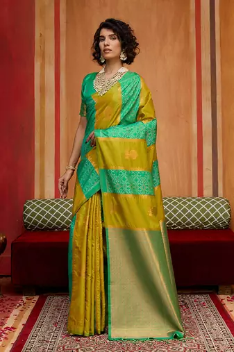 mustard & sea green handloom silk blend saree with zari weaving