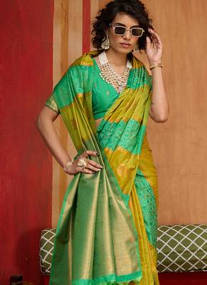 mustard & sea green handloom silk blend saree with zari weaving 3