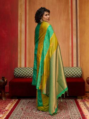 mustard & sea green handloom silk blend saree with zari weaving 4