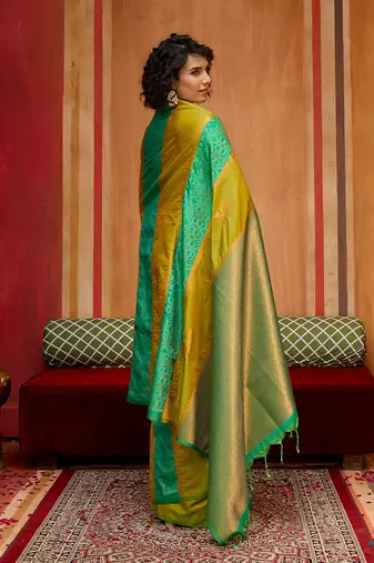 mustard & sea green handloom silk blend saree with zari weaving