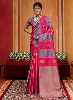 hot pink & lavender handloom silk blend saree with zari weaving 1