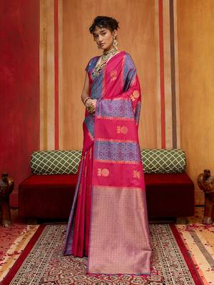 hot pink & lavender handloom silk blend saree with zari weaving 2