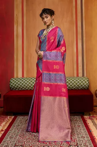 hot pink & lavender handloom silk blend saree with zari weaving