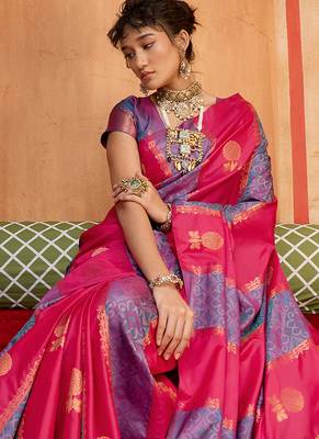 hot pink & lavender handloom silk blend saree with zari weaving 3