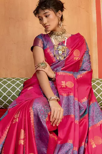 hot pink & lavender handloom silk blend saree with zari weaving