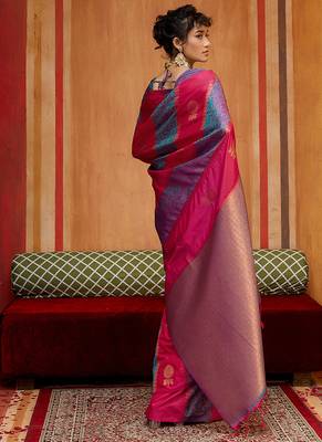 hot pink & lavender handloom silk blend saree with zari weaving 4