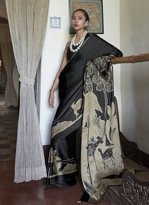 satin printed black saree with blouse fabric 1