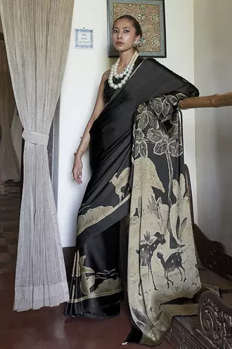 satin printed black casual saree